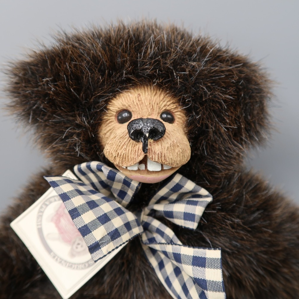 Kimbearly's Originals Teddy Bear Joey #19017 w/tags Plaid Bowtie Wood face 12"